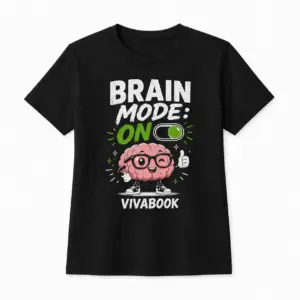„Brain Mode ON” feliratos gyerek póló, Fekete, Pamut, Egyedi Vivabook dizájnnal