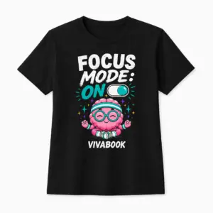 „Focus Mode ON” feliratos gyerek póló, Fekete, Pamut, Egyedi Vivabook dizájnnal