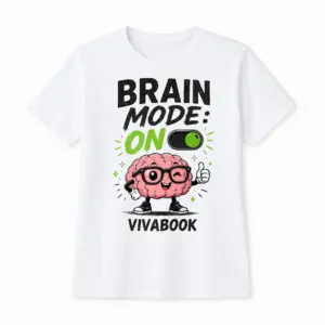 „Brain Mode ON” feliratos gyerek póló, Fehér, Pamut, Egyedi Vivabook dizájnnal