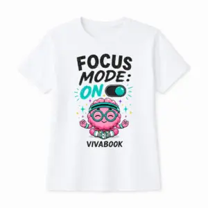 „Focus Mode ON” feliratos gyerek póló, Fehér, Pamut, Egyedi Vivabook dizájnnal